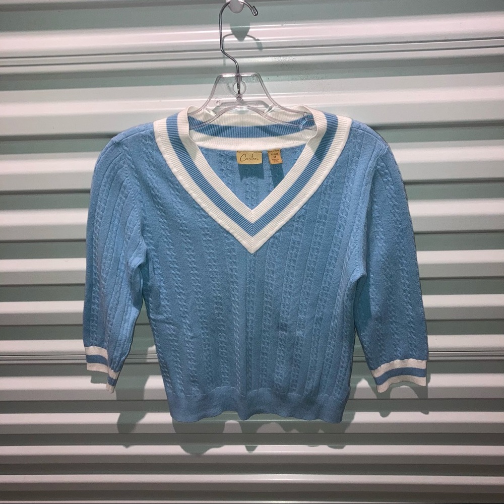 Caslon Sweater Women’s Size Medium Blue V Neckline Pullover Short Sleeve Top
